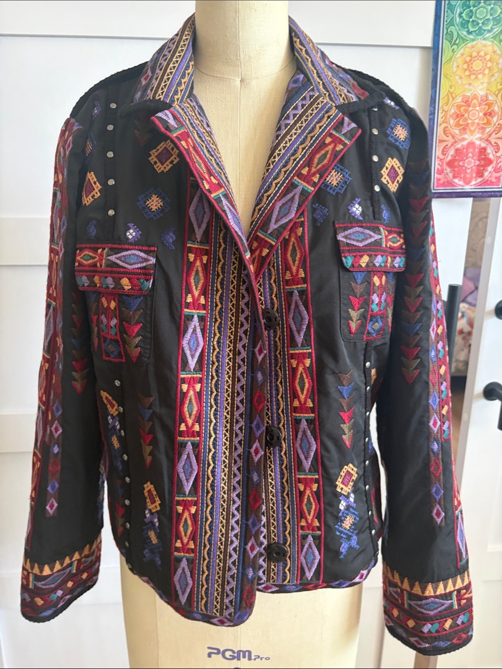 Johnny Was Black Embroidered Utility Jacket with Multicolor Geometric Trim